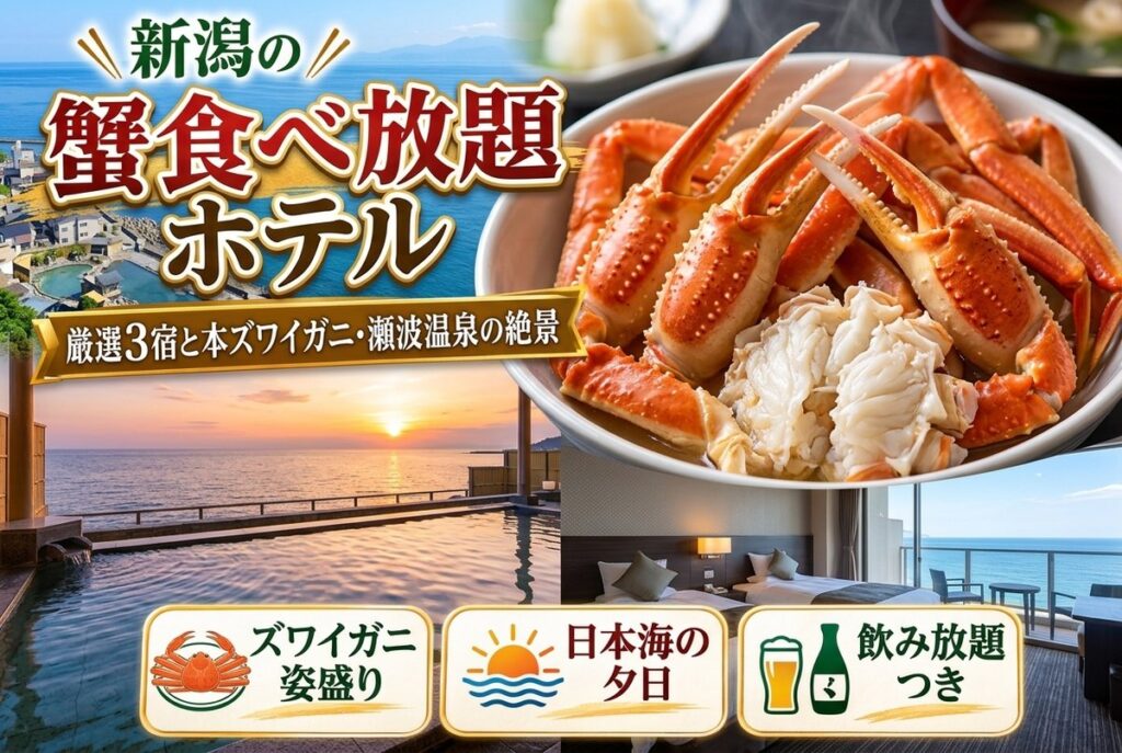 【新潟の蟹食べ放題ホテル】厳選3宿と本ズワイガニ・瀬波温泉の絶景