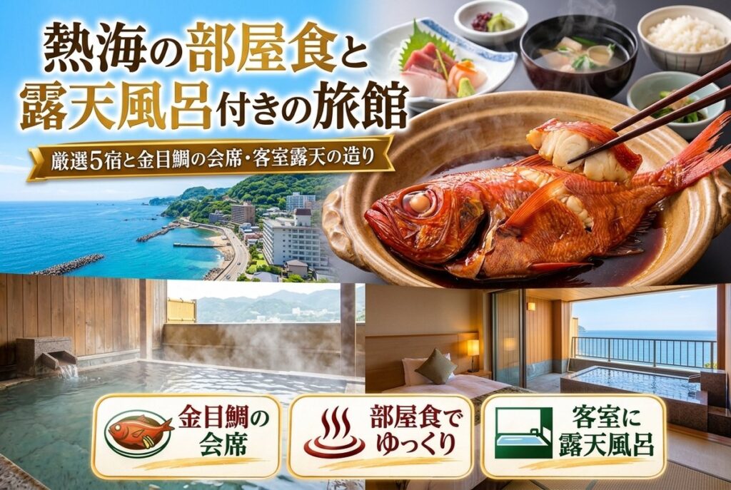 【熱海の部屋食と露天風呂付きの旅館】厳選5宿と金目鯛の会席・客室露天の造り